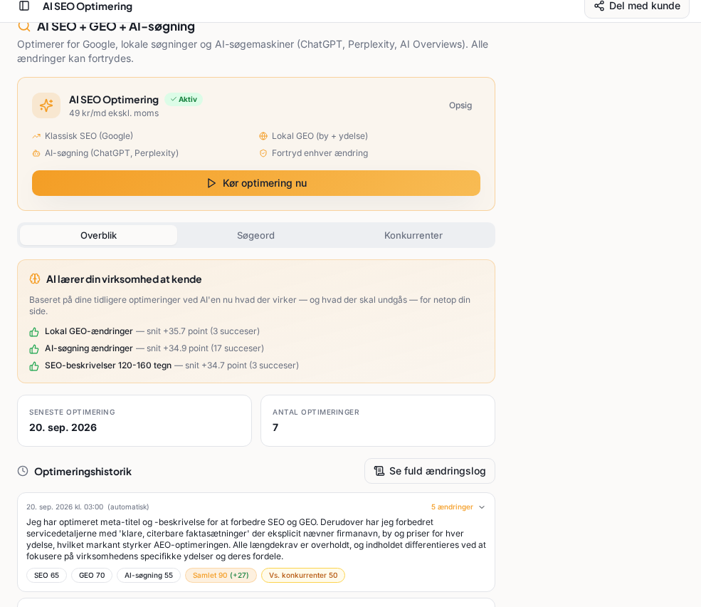 WebXtras produktpanel til AI SEO, GEO og AI-søgning